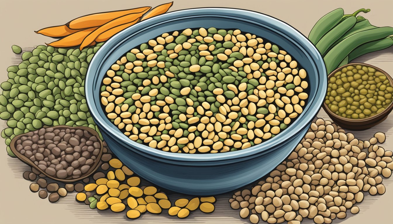 A bowl of flageolet beans surrounded by lentils and other legume alternatives