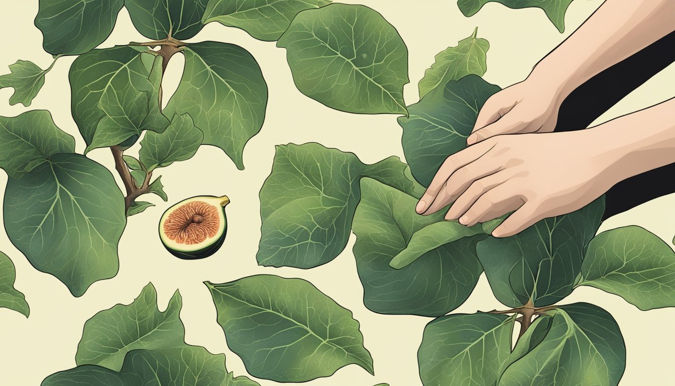 A hand reaching for fig leaves as fig substitutes