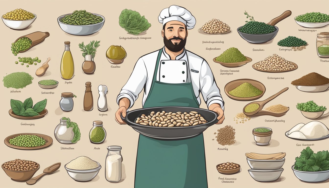 A chef holding various ingredients, including flageolet beans, and exploring different substitutes for dietary needs