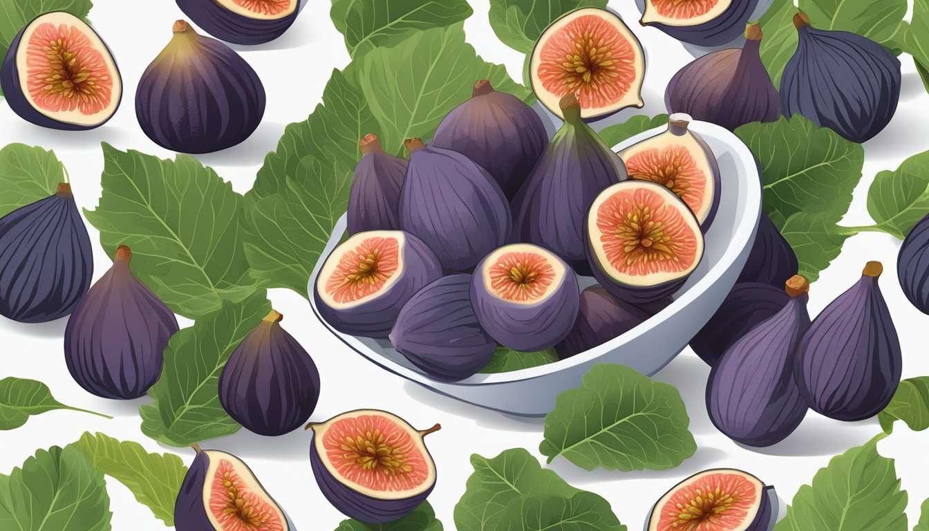 A bowl of ripe figs with fig leaves arranged around them