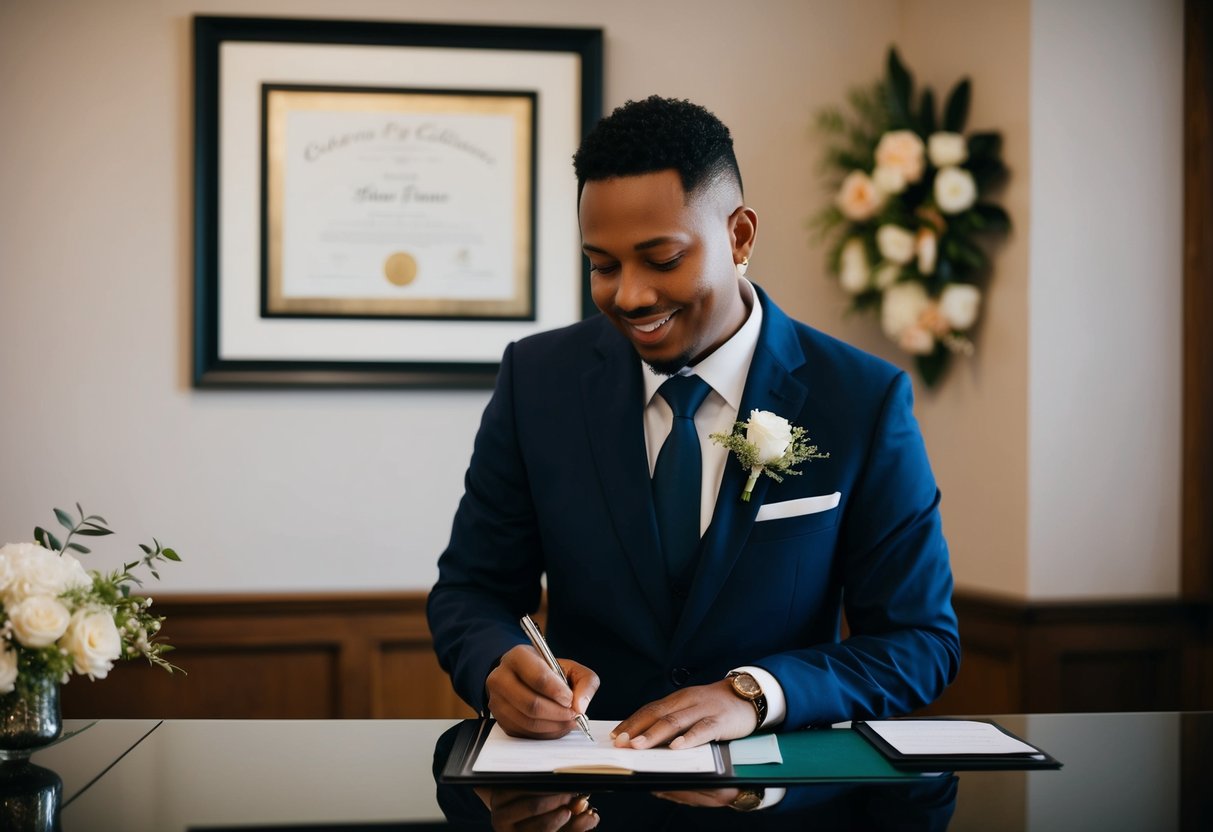 A celebrant stands behind a desk, filling out paperwork with a pen. A framed certificate hangs on the wall behind them