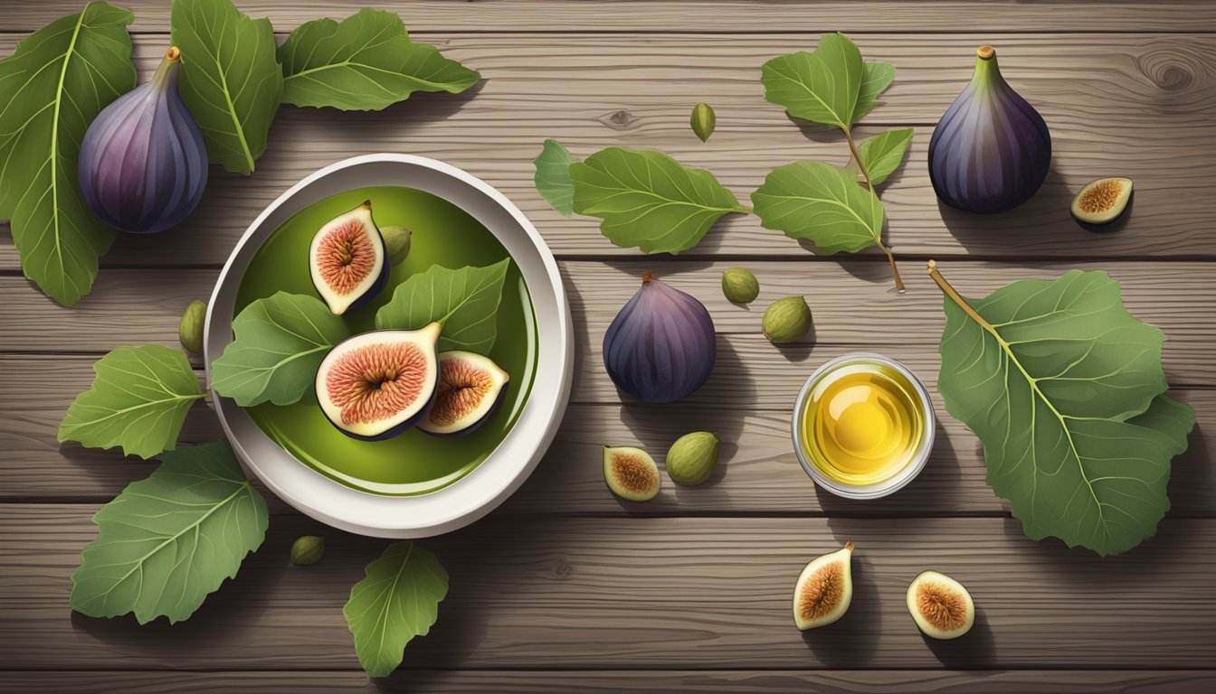 A cluster of fig leaves and alternative sweeteners arranged on a rustic wooden table