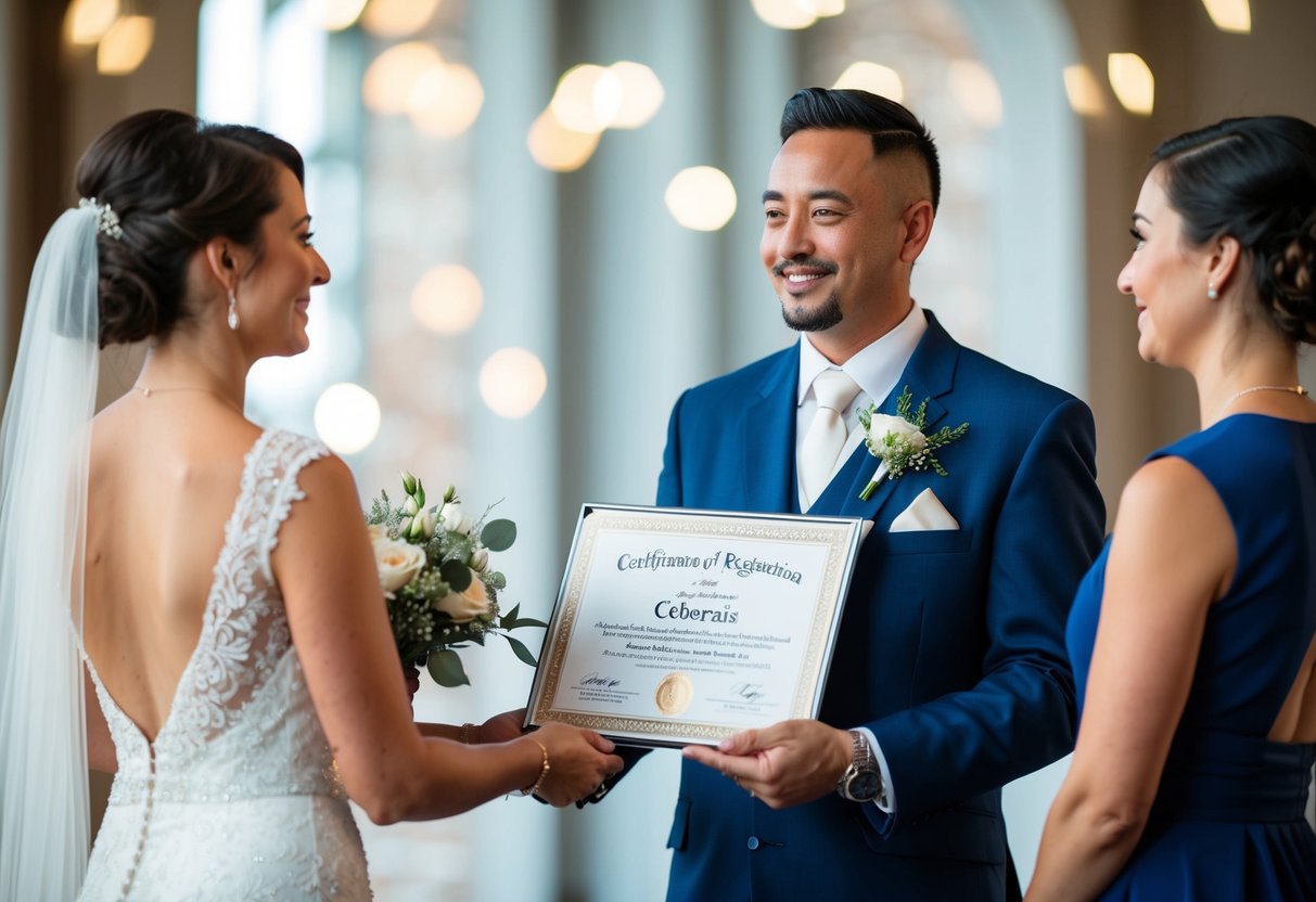 A celebrant stands before a couple, holding a certificate of registration. The couple looks on, seeking assurance for their upcoming wedding