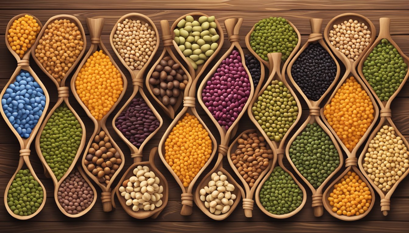 A colorful array of flageolet beans, lentils, and chickpeas spill from woven baskets onto a rustic wooden table