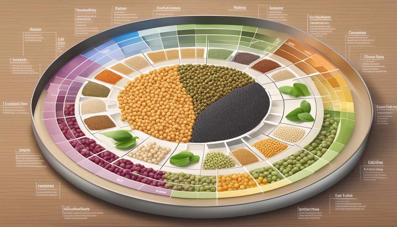 A colorful array of field peas, lentils, and chickpeas arranged in a circular pattern, with their nutritional profiles displayed in a chart nearby