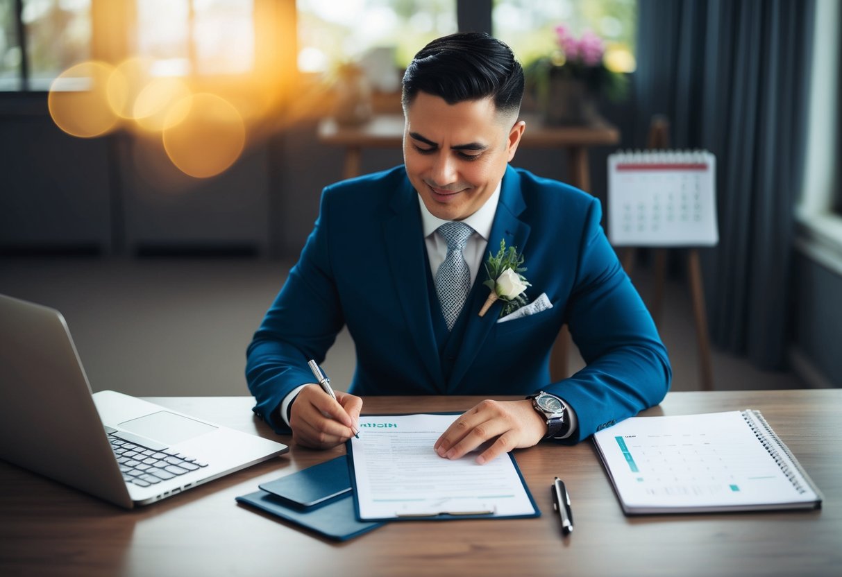 A celebrant sits at a desk with a laptop and paperwork, making notes and checking a registration certificate. A calendar and pen are nearby