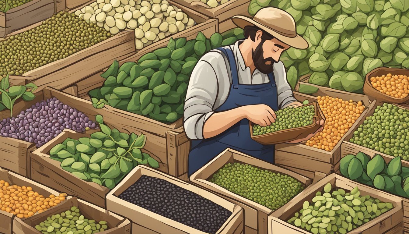 A farmer inspecting a variety of legumes, including field peas, in a rustic wooden crate at a local market