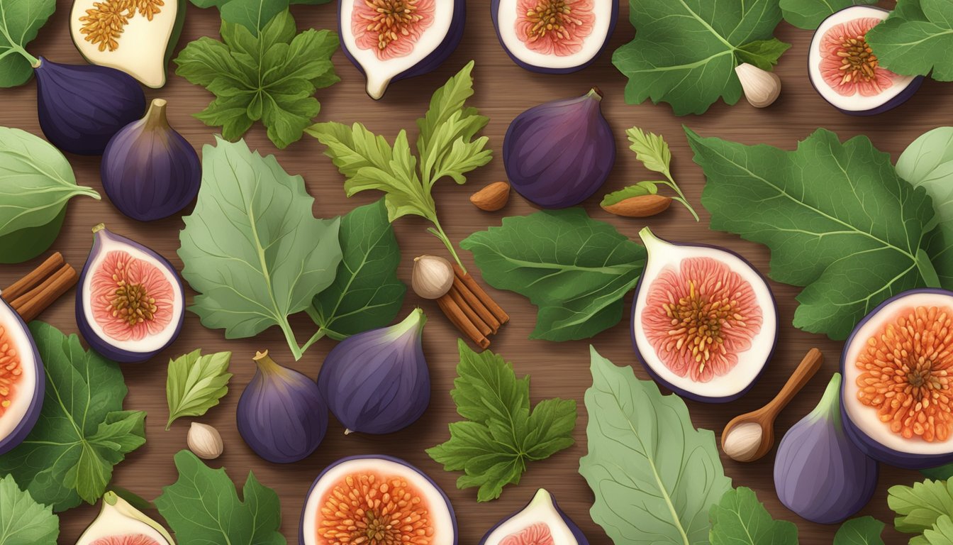 A variety of fig leaves and alternative substitutes arranged on a wooden cutting board, surrounded by scattered herbs and spices