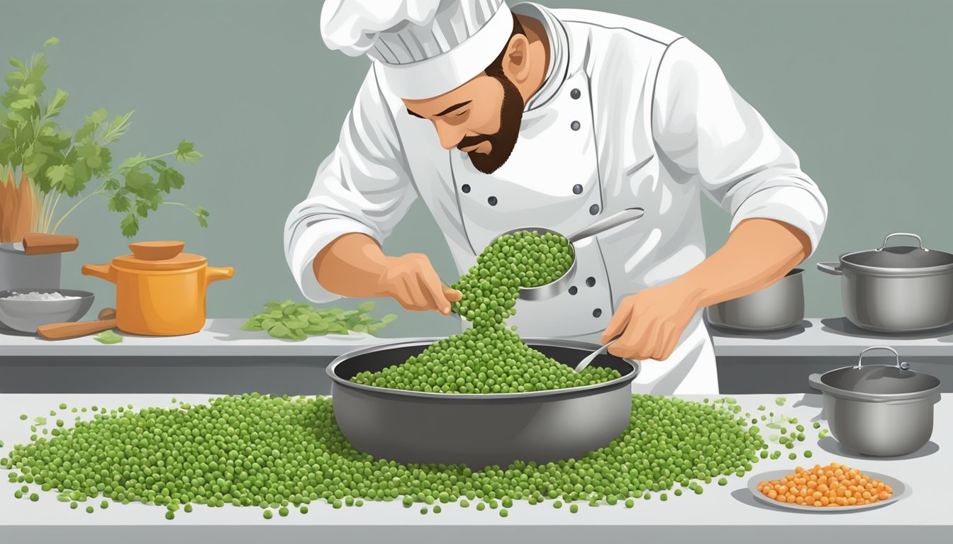 A chef stirring a pot of field peas with aromatic herbs and spices