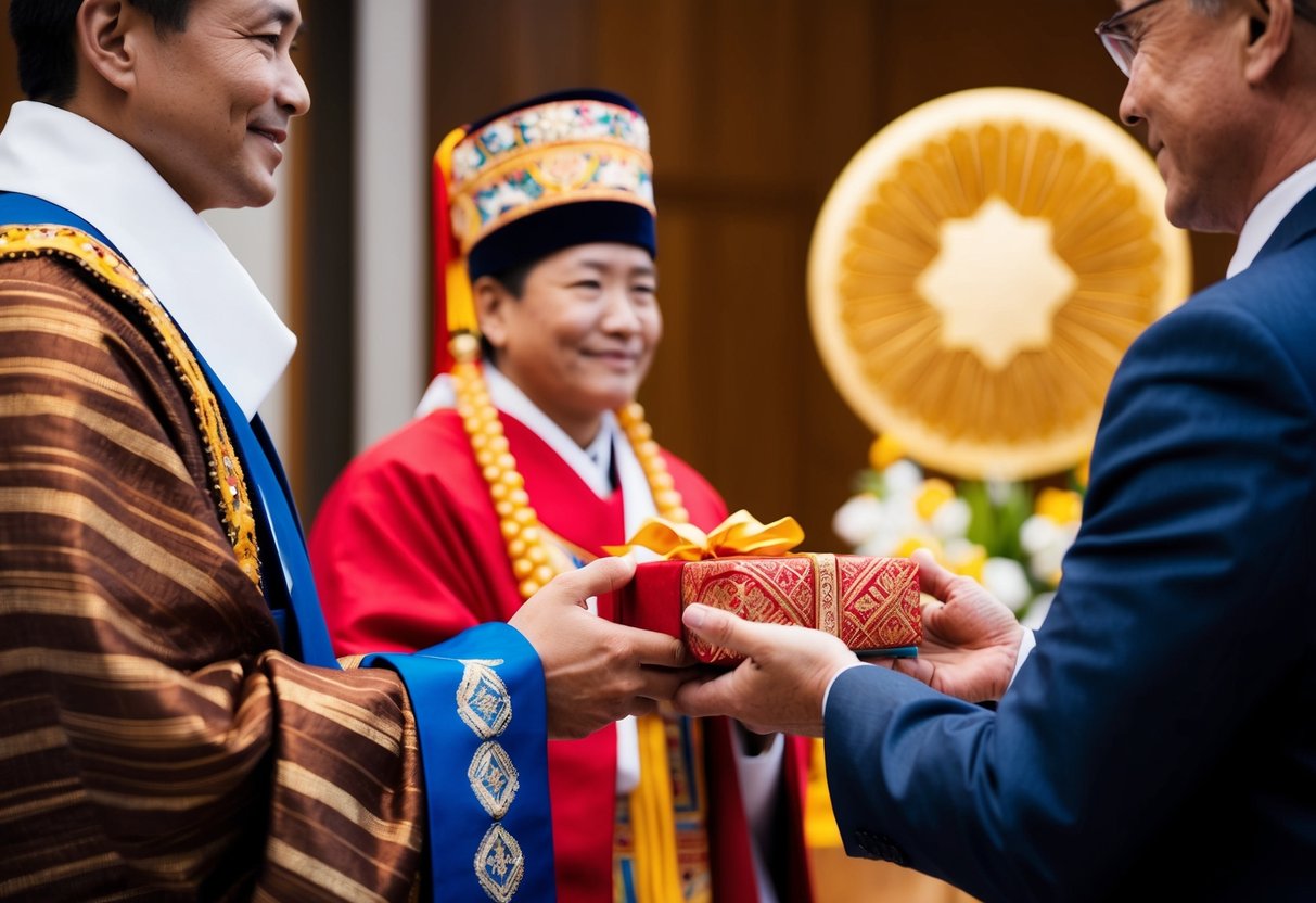A figure holding a ceremonial object is handed a gift by another figure, with a symbol of gratitude in the background