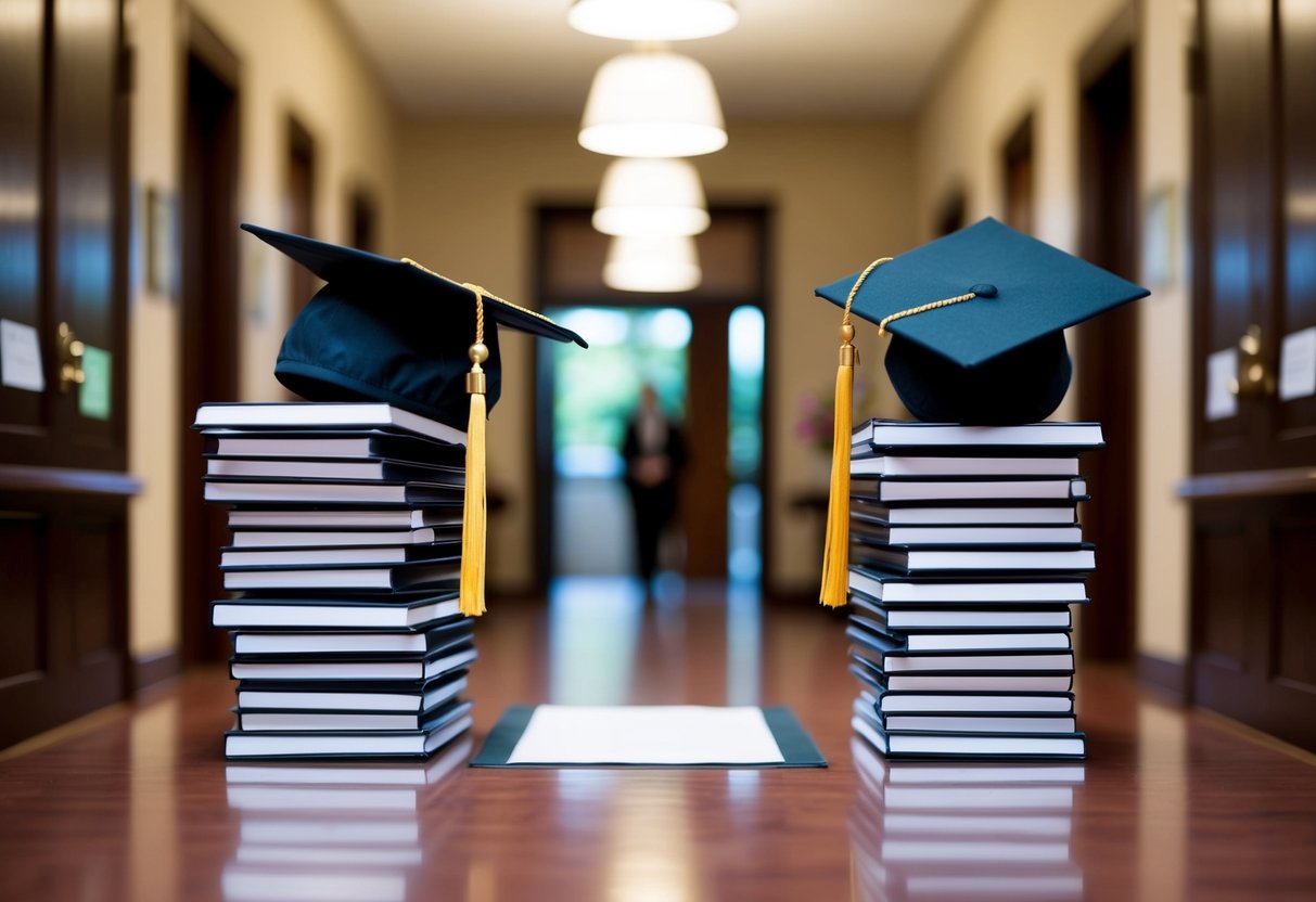 A stack of diplomas and graduation caps, leading to a registrar's office