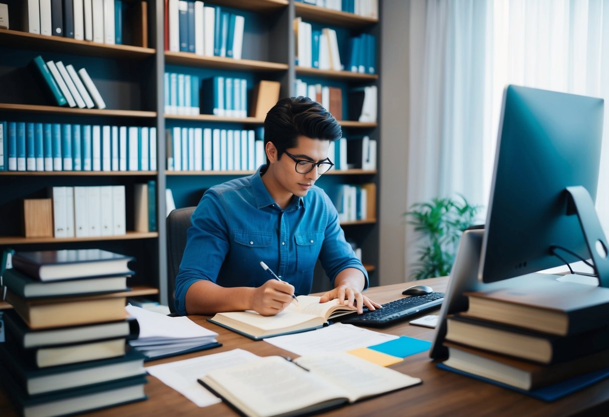 A person studying books and documents, surrounded by shelves and a desk with a computer, while taking notes and organizing files