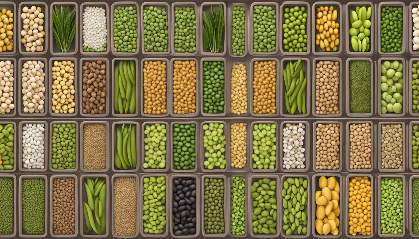 Field peas, similar in texture and size, arranged in a row with a variety of substitute options such as lentils, chickpeas, and edamame