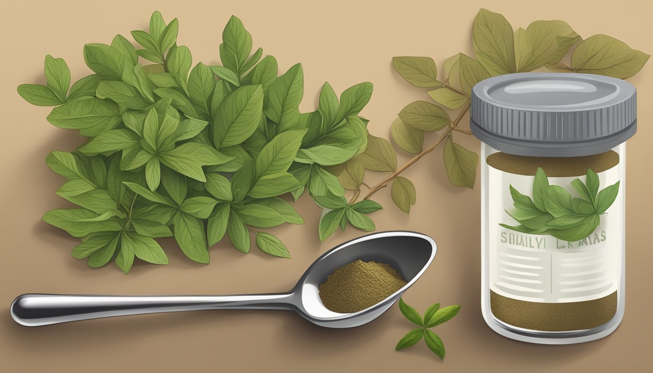 A small bowl of ground sassafras leaves next to a measuring spoon and a container of dried herbs