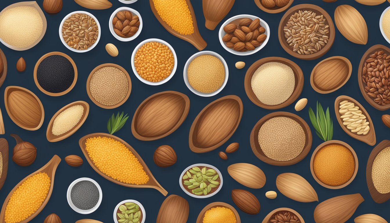 A variety of grain-based and nut-based substitutes, including flax seeds, arranged in a colorful and organized display on a wooden table