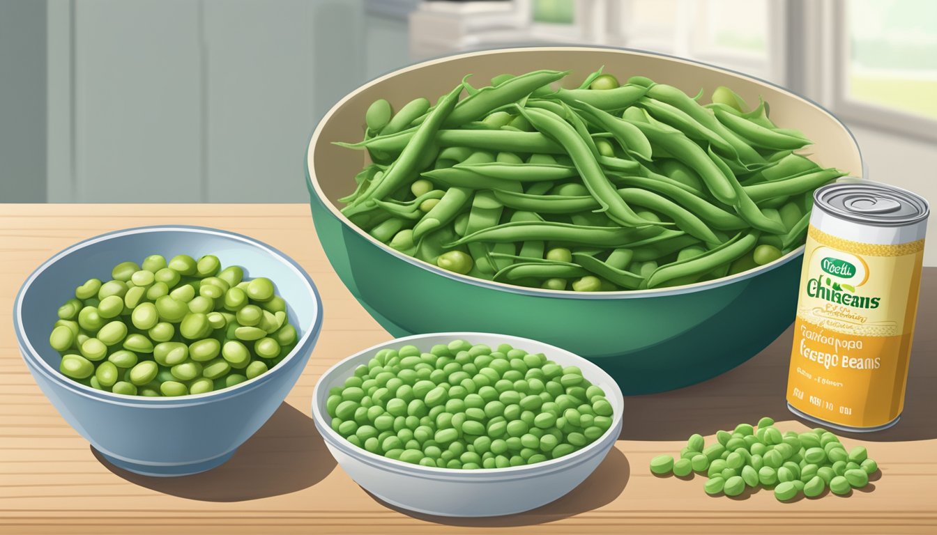 A bowl of green beans, a can of chickpeas, and a bag of frozen edamame on a kitchen counter