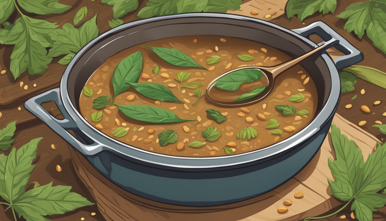 A wooden spoon sprinkles ground sassafras leaves into a simmering pot of gumbo