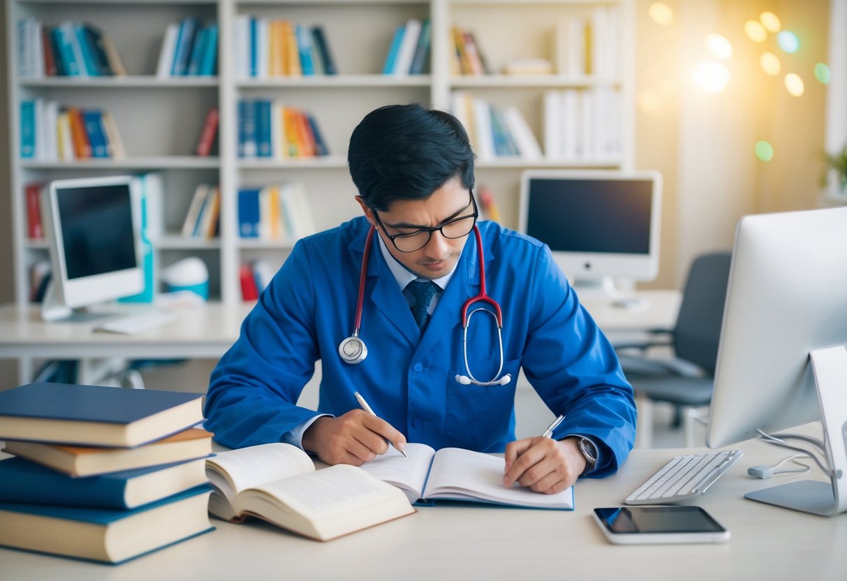 A person studying and working in various medical settings, progressing from intern to registrar, surrounded by books, computers, and medical equipment