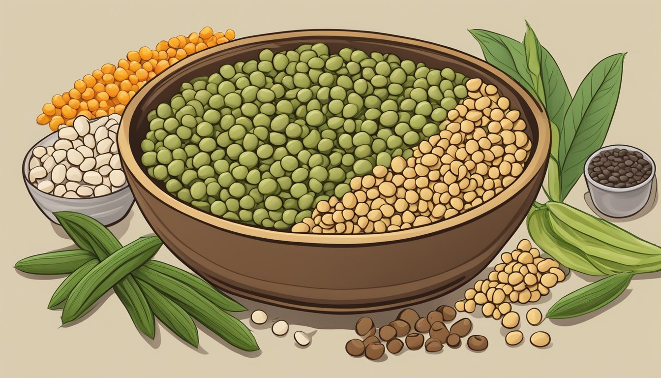 A bowl of field peas surrounded by alternative ingredients like lentils, beans, and chickpeas