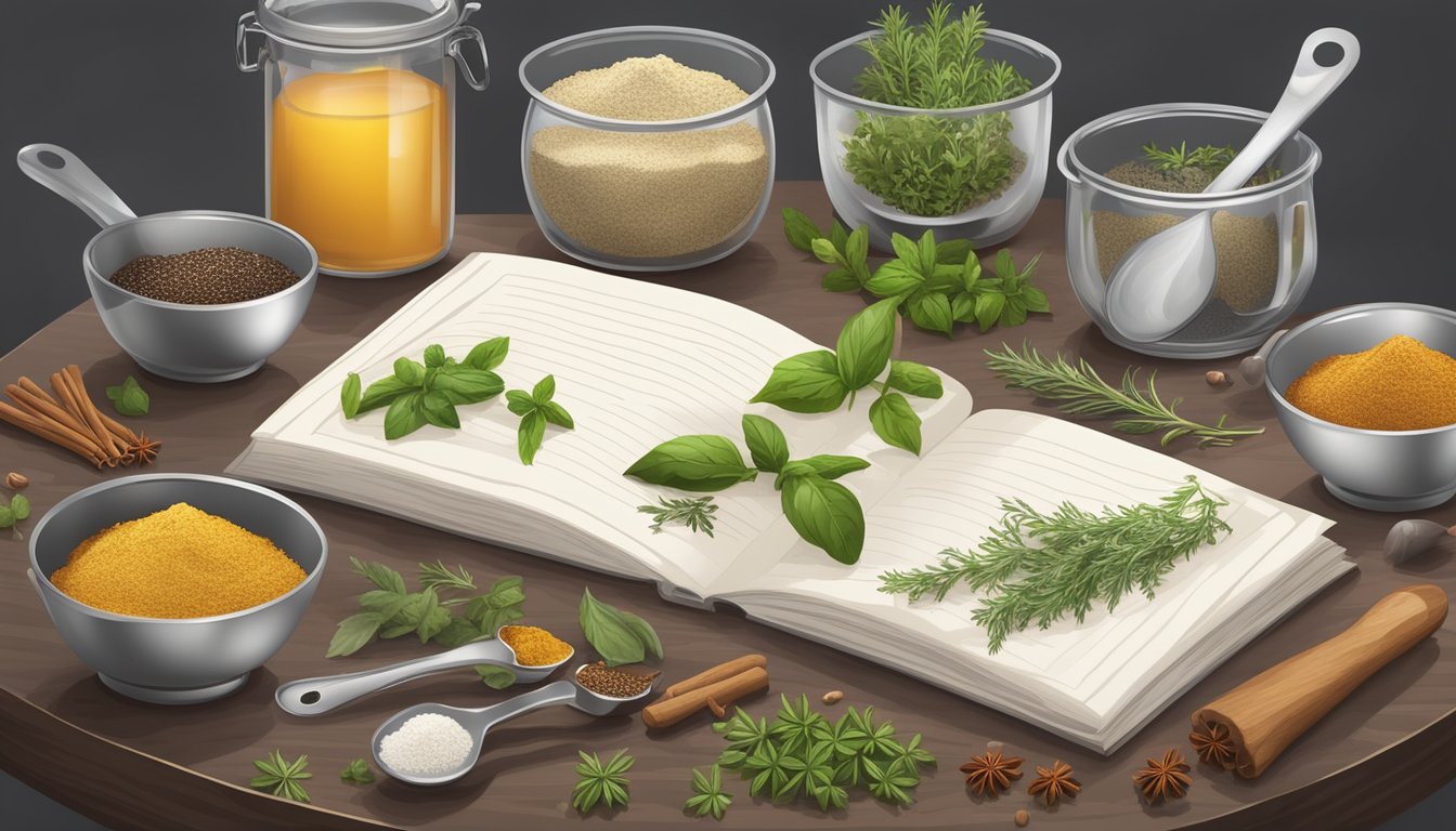 A kitchen counter with various herbs and spices, including file powder, surrounded by measuring spoons and a recipe book