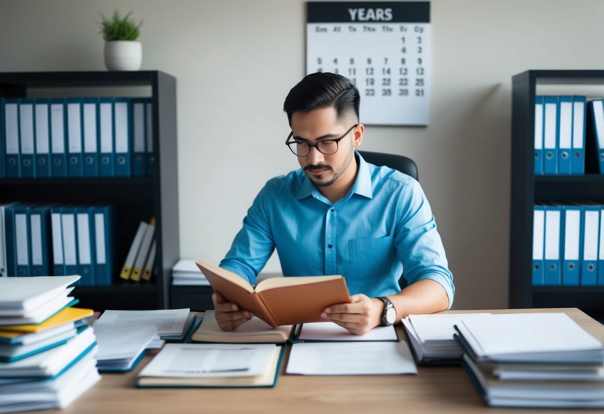 A person studying books and documents, surrounded by shelves of files and paperwork, with a calendar on the wall showing years passing