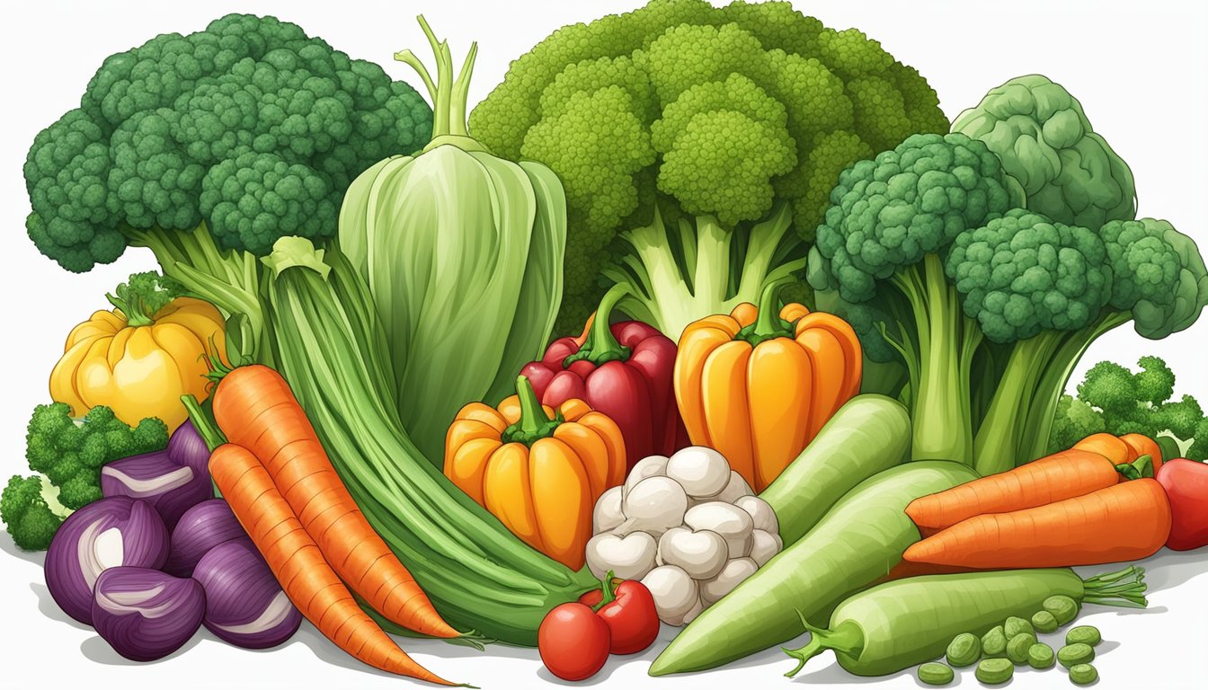 A variety of colorful vegetables arranged around a pile of field peas, including carrots, broccoli, bell peppers, and mushrooms