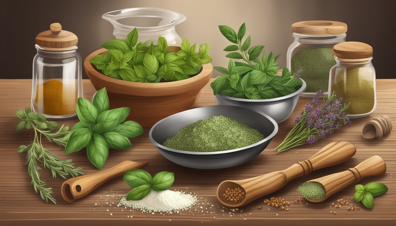 A rustic kitchen with various herbs and spices scattered on a wooden table, including file powder substitutes like thyme, basil, and oregano