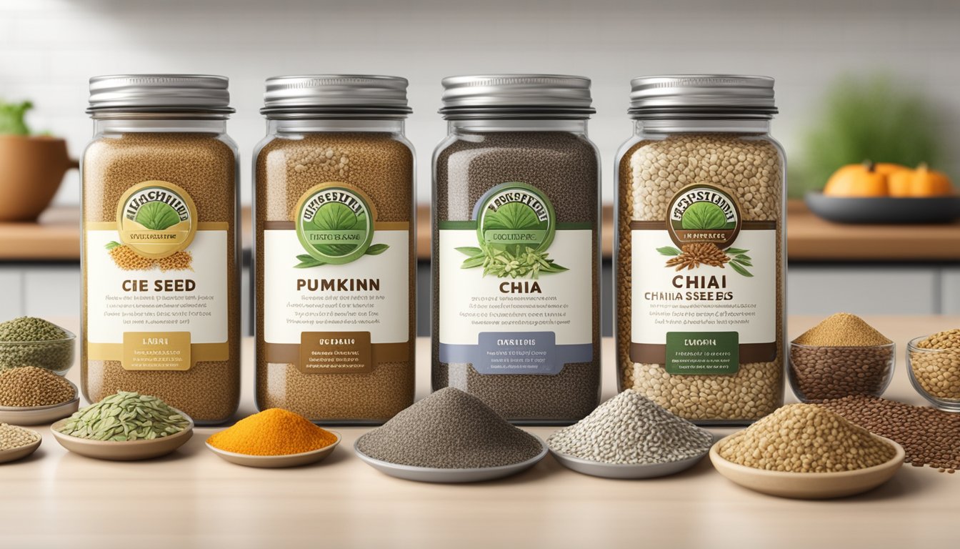 A variety of flax seed substitutes arranged on a kitchen counter, including chia seeds, hemp seeds, and pumpkin seeds