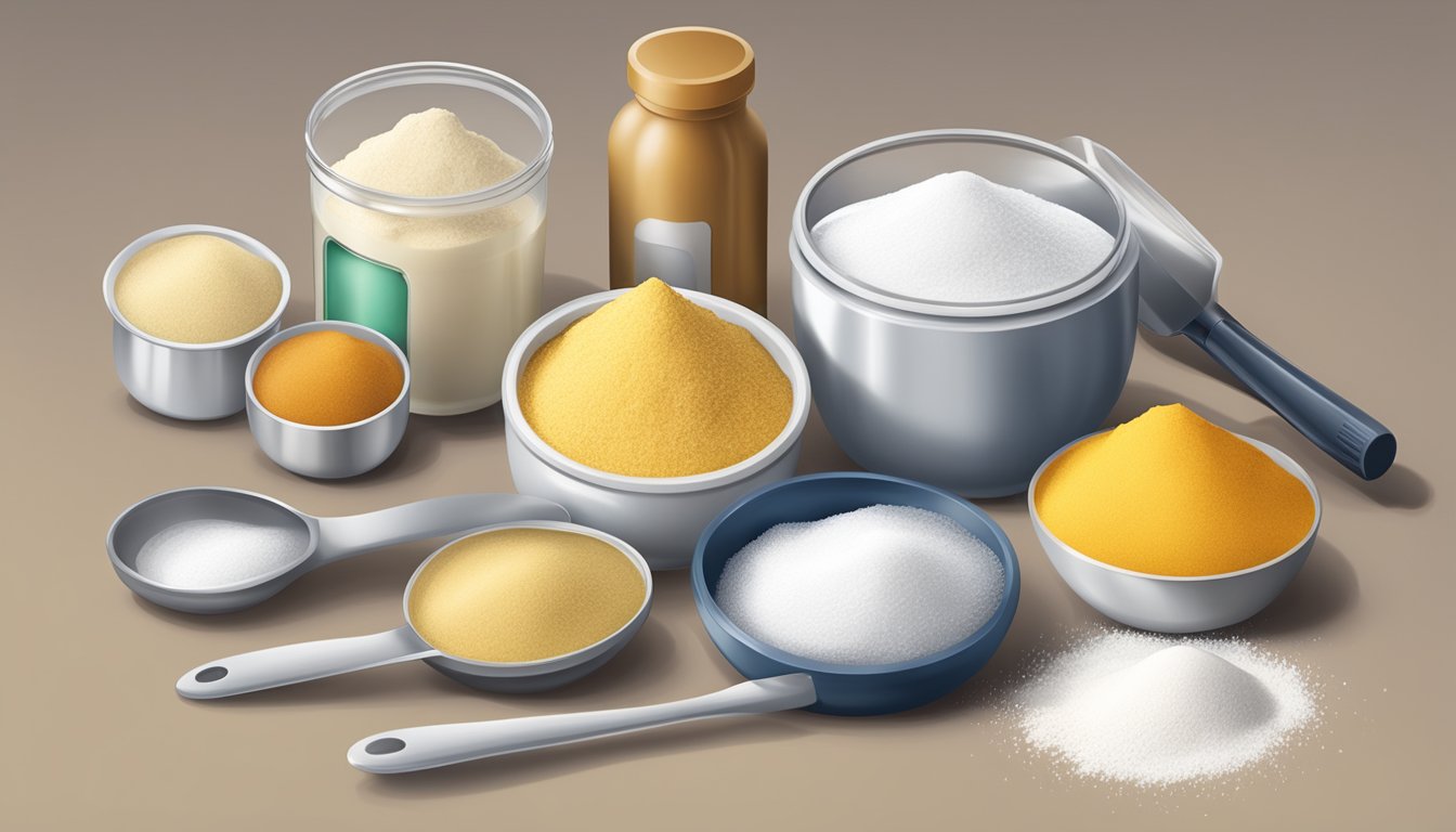 A kitchen counter with various containers of powdered ingredients and a measuring spoon