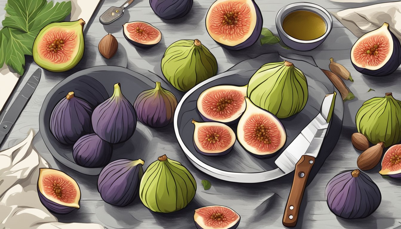 A bowl of fresh figs with a knife and cutting board, surrounded by various ingredients for fig substitutes