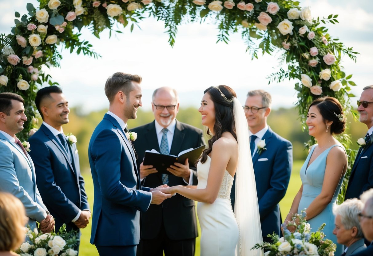 A couple stands beneath an arch adorned with flowers, exchanging vows in front of family and friends. A celebrant leads the ceremony, speaking with warmth and sincerity