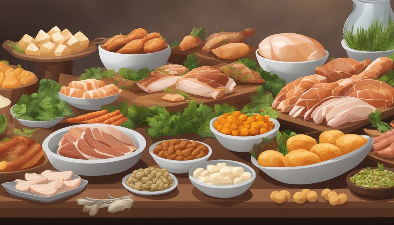 A table with a variety of poultry and meat-based alternatives, along with fish stock substitutes, arranged in an organized and visually appealing display