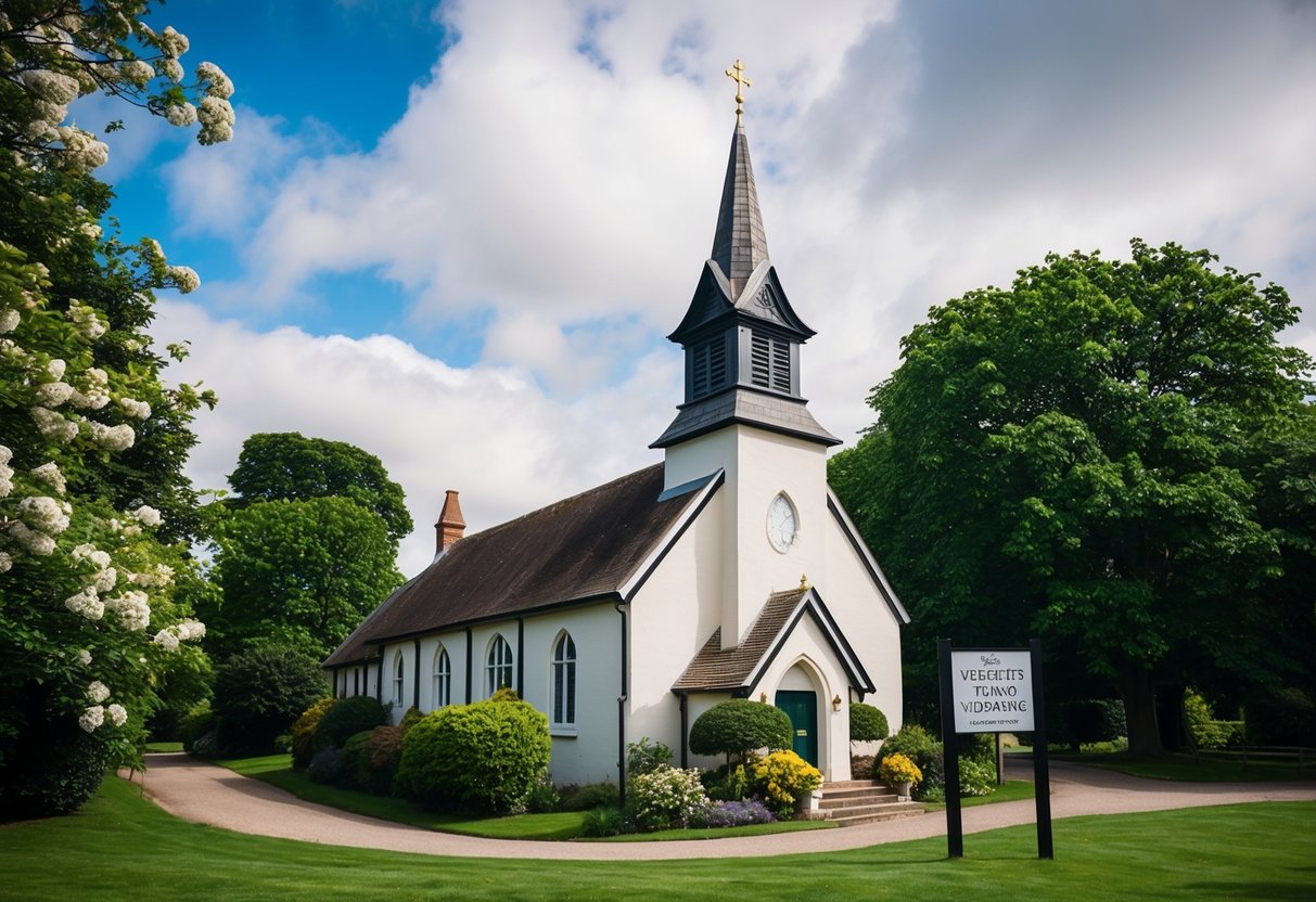 A quaint English church with a picturesque steeple and lush green surroundings, with a sign indicating it is available for weddings