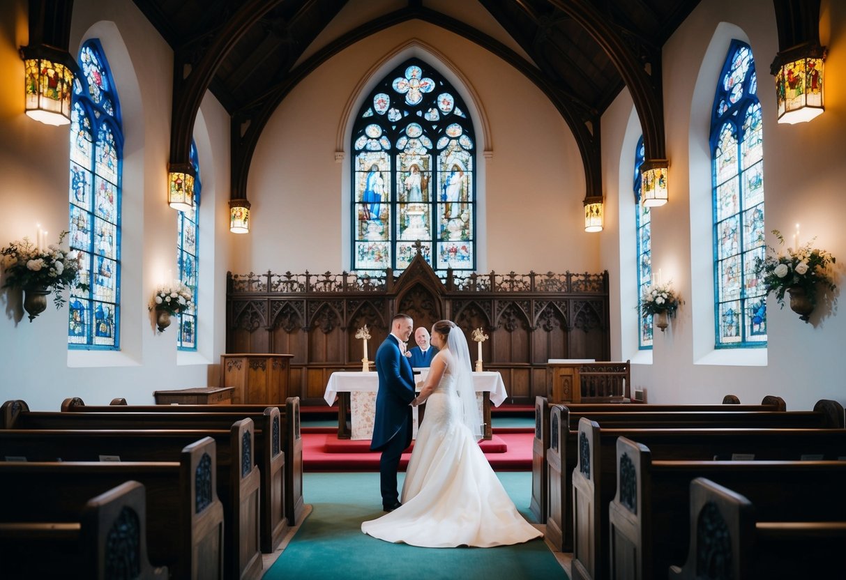 A traditional church wedding in the UK, with a couple standing at the altar surrounded by ornate stained glass windows and intricate wooden pews