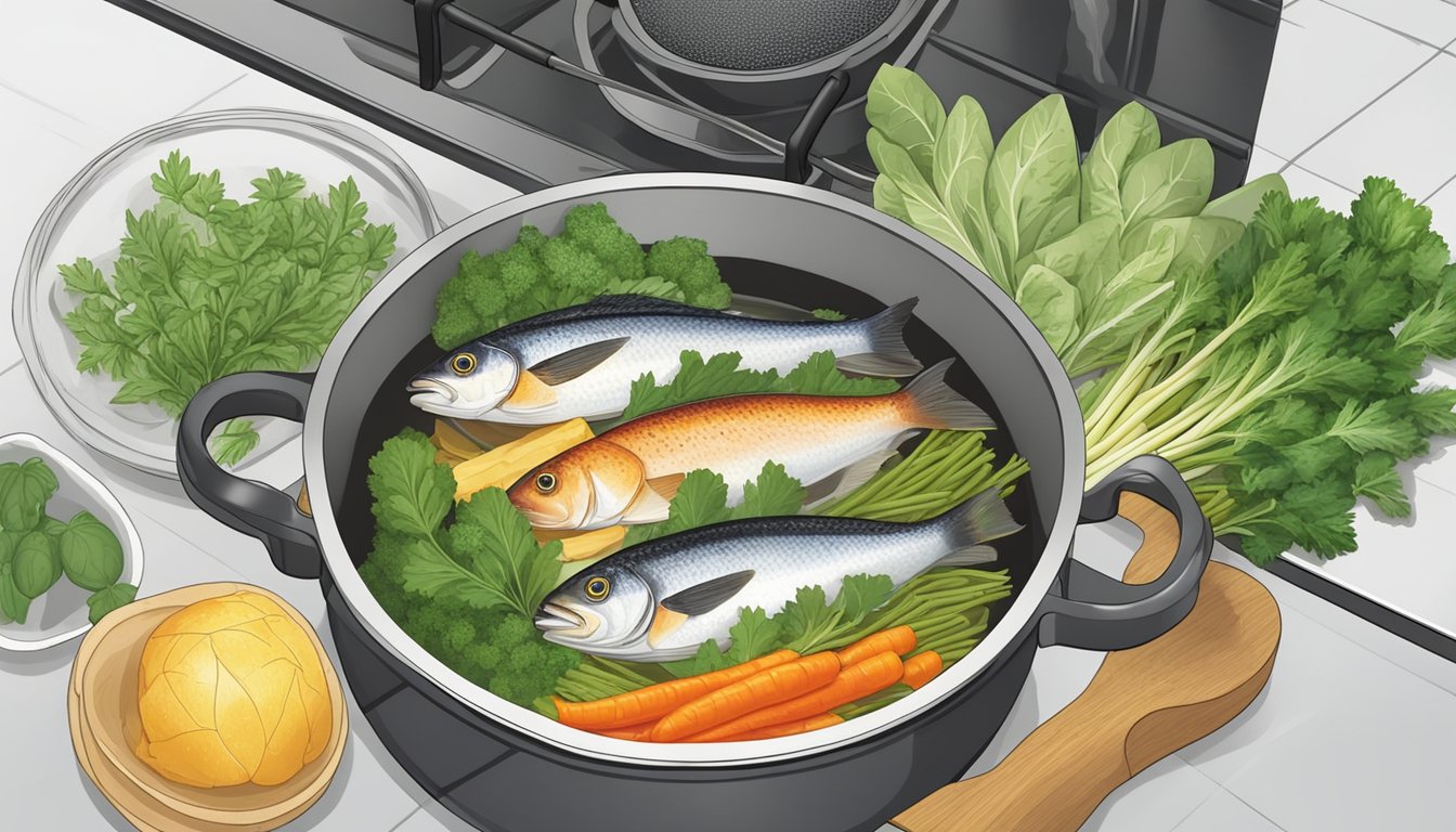 A steaming pot of simmering fish stock alternatives on a stovetop. Various herbs and vegetables surround the pot, ready to be added to the flavorful broth