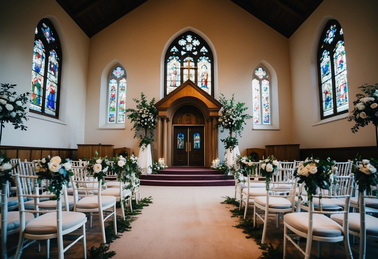 A traditional church with a grand entrance and stained glass windows, adorned with floral decorations and seating arranged for a wedding ceremony