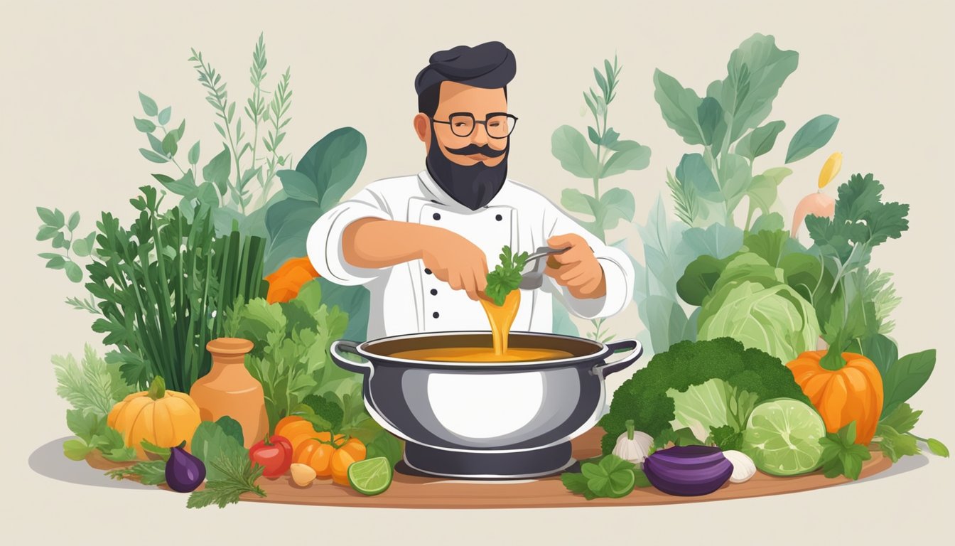 A chef pours a rich, aromatic liquid from a pot into a bowl, surrounded by various herbs and vegetables