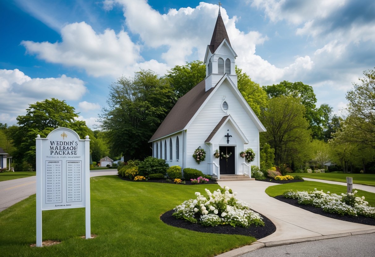 A quaint church with a picturesque setting, surrounded by lush greenery and blooming flowers. A sign near the entrance displays wedding package prices