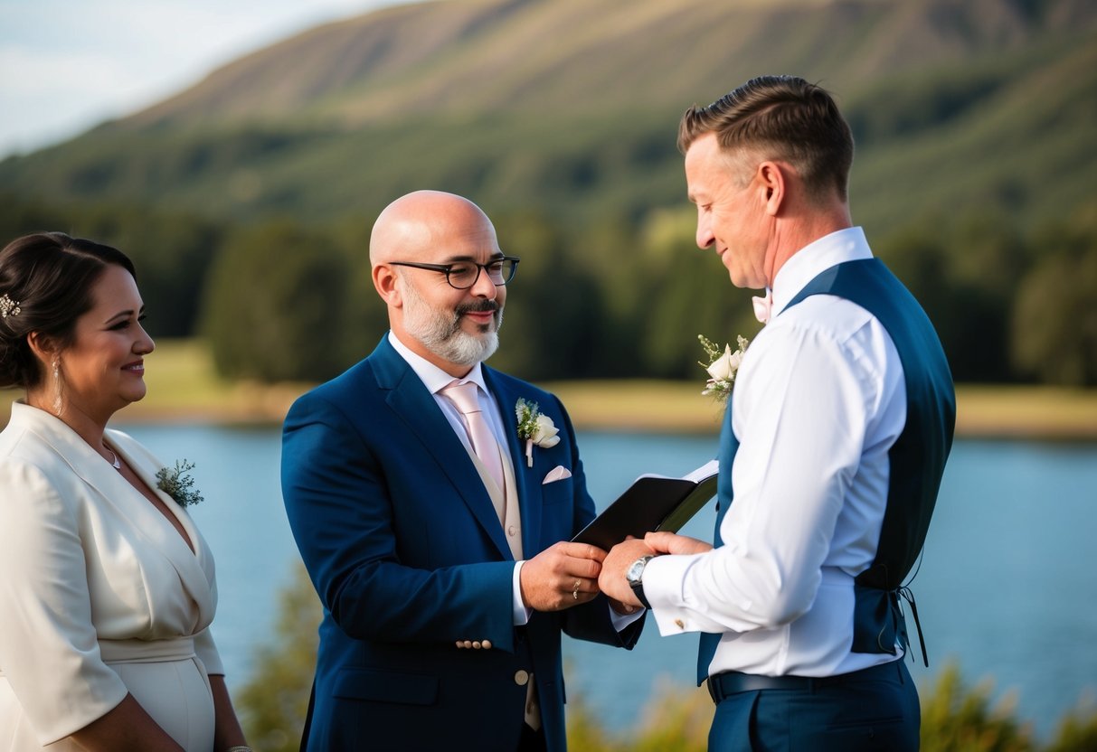 A celebrant conducting a wedding ceremony in a scenic outdoor setting