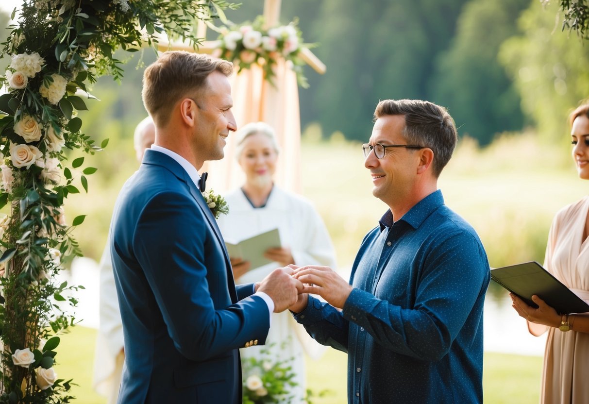 A celebrant conducting a ceremony in a serene outdoor setting, surrounded by nature and symbolic elements
