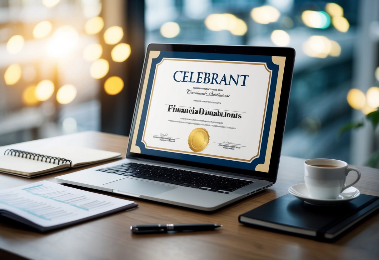 A celebrant certificate displayed on a desk, surrounded by a pen, notebook, and a laptop with financial documents open