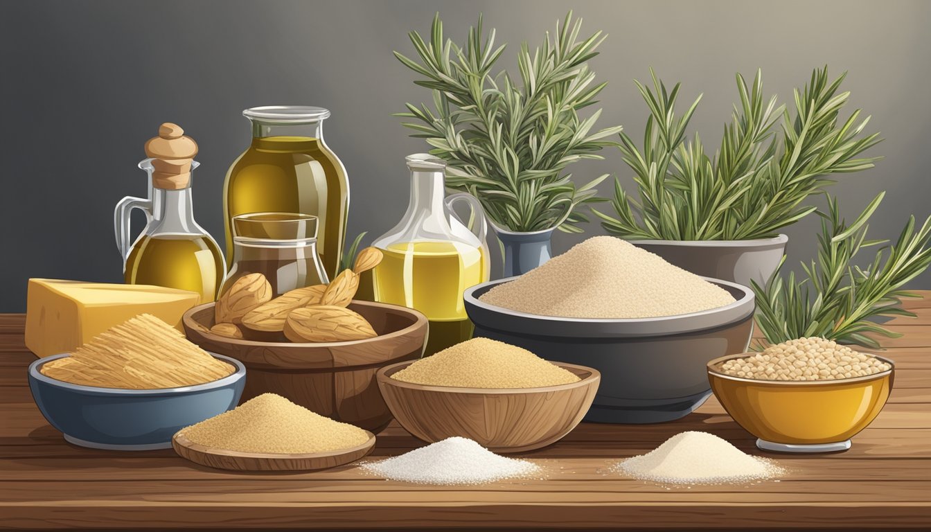 A variety of flours (all-purpose, whole wheat, gluten-free) arranged on a rustic wooden table with fresh rosemary and olive oil