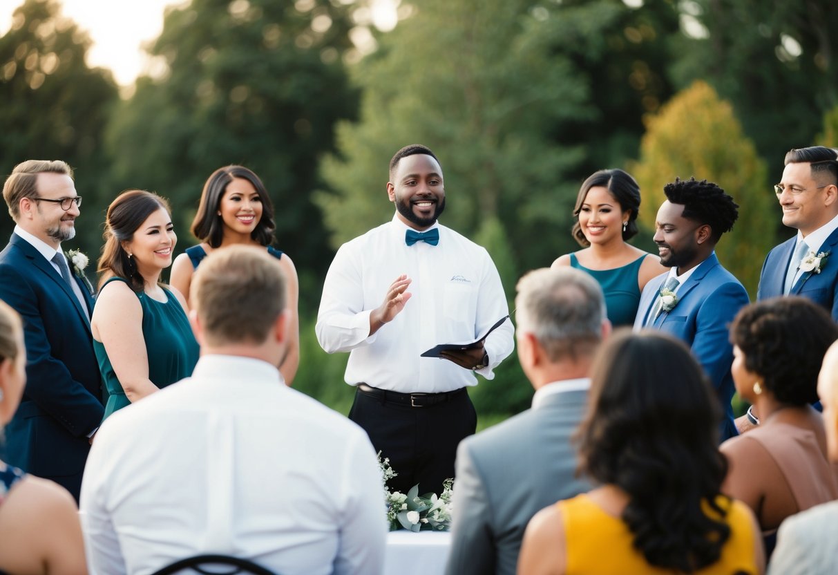 A celebrant conducting a ceremony, surrounded by a diverse group of people, with a professional and welcoming demeanor