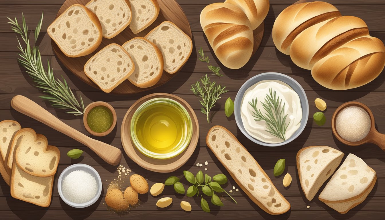 A rustic wooden table with an assortment of bread alternatives such as ciabatta, sourdough, and flatbread, along with olive oil, herbs, and sea salt