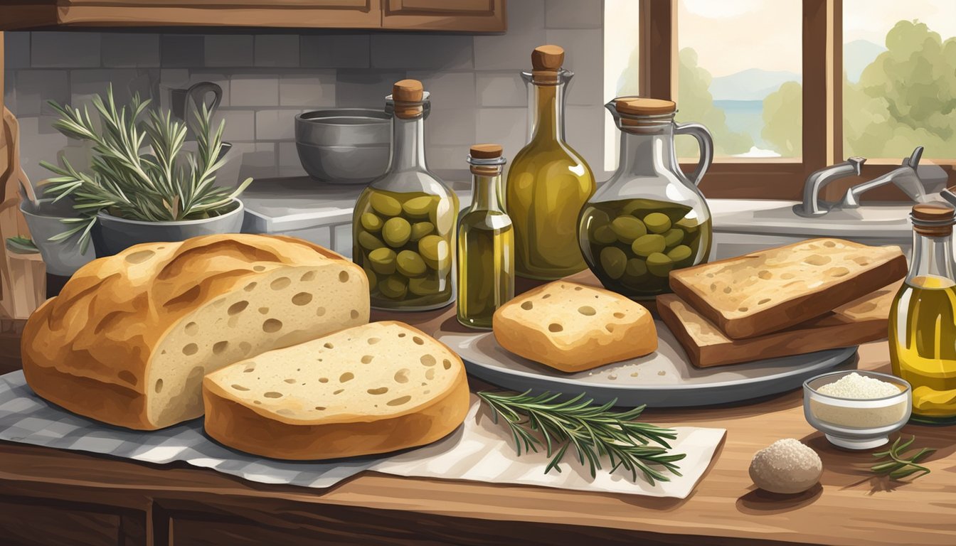 A rustic kitchen counter displays various ingredients such as olive oil, rosemary, sea salt, and flour, alongside a freshly baked focaccia bread and its homemade substitutes