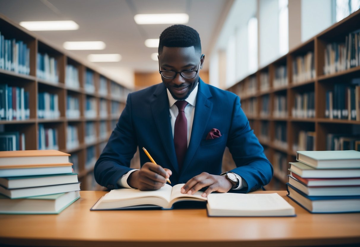 A celebrant studying books and taking notes in a quiet library