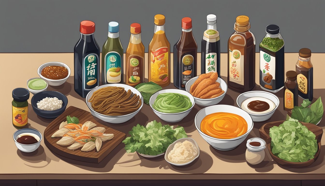 A table with various ingredients like soy sauce, miso paste, and anchovy paste, surrounded by bottles of different flavored sauces