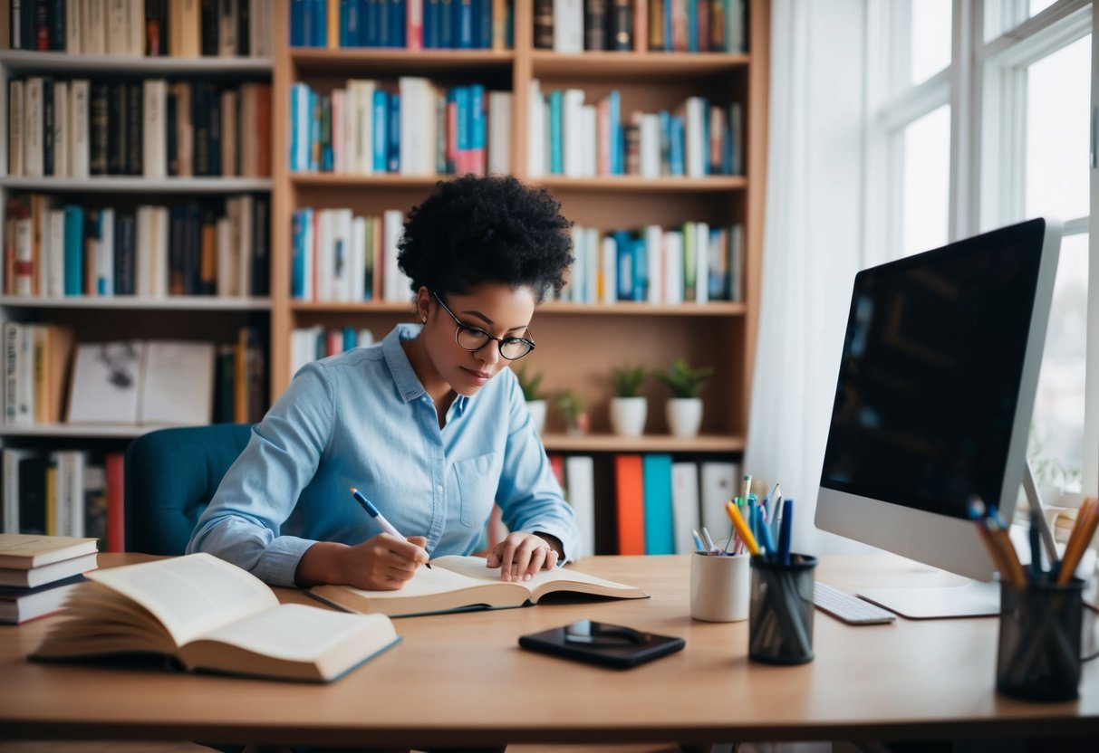 A person studying books and taking notes in a cozy home office, surrounded by shelves of literature and a desk with a computer and writing supplies
