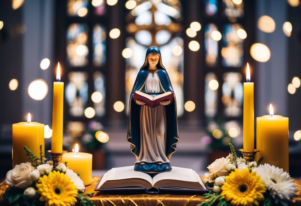 A figure stands at a decorated altar with a book and pen, surrounded by flowers and candles