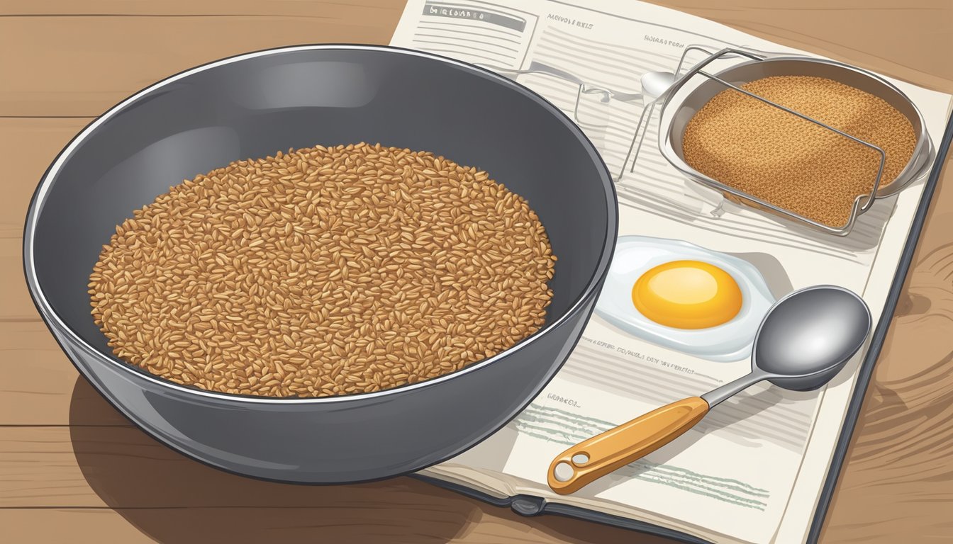 A mixing bowl with flaxseeds, water, and a whisk. A measuring spoon with flaxseed meal. A recipe book open to a page on egg substitutes